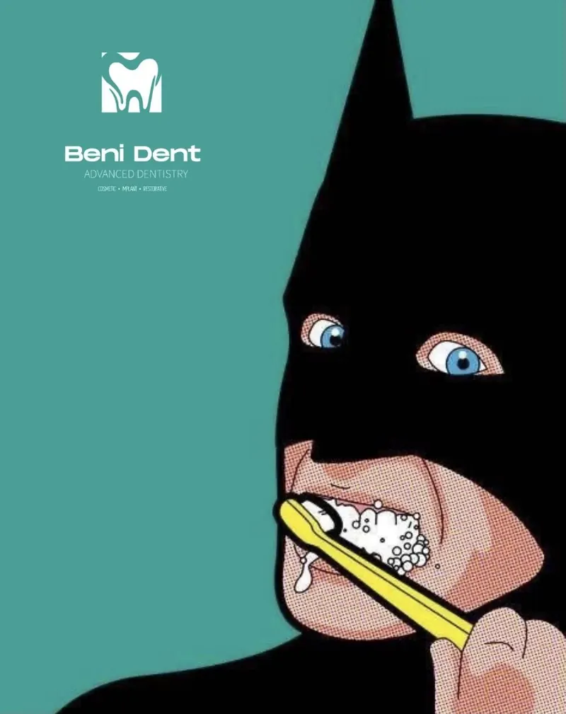 Illustration of a masked hero brushing his teeth, BENIDENT post